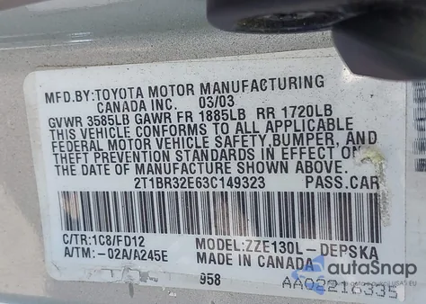 2003 Toyota Corolla S из США, поврежденный, VIN 2T1BR32E63C149323